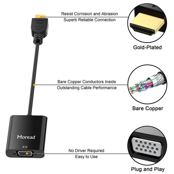 Moread Active HDMI to VGA Adapter with Audio (Male Female) - Black